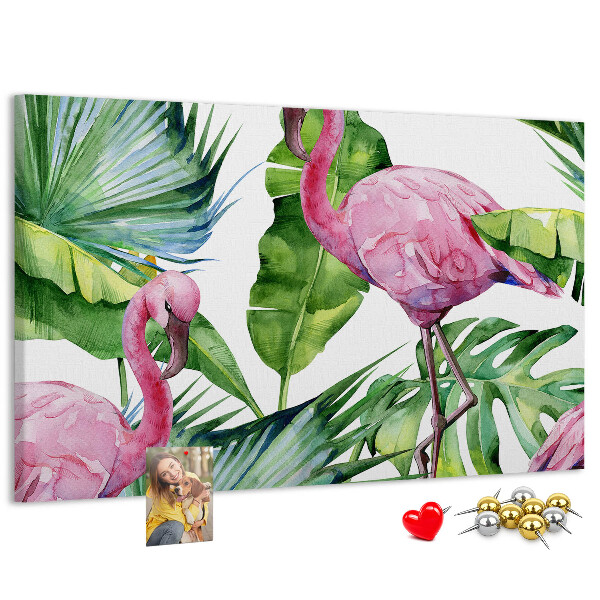 Prikbord met een tropische afbeelding van roze flamingo's