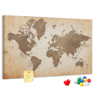 Prikbord wereldkaart in verschillende bruintinten