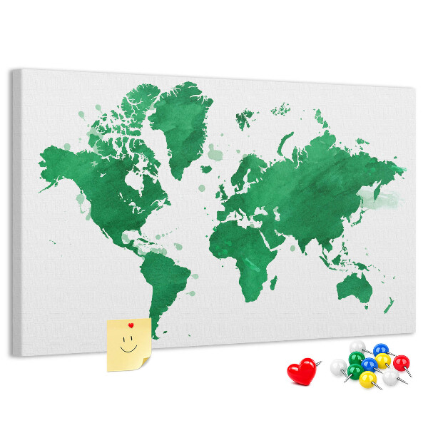 Prikbord met een groene aquarel wereldkaart