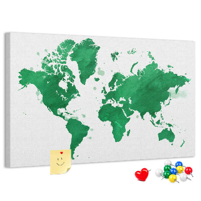 Prikbord met een groene aquarel wereldkaart