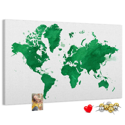 Prikbord met een groene aquarel wereldkaart