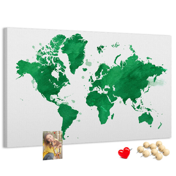 Prikbord met een groene aquarel wereldkaart