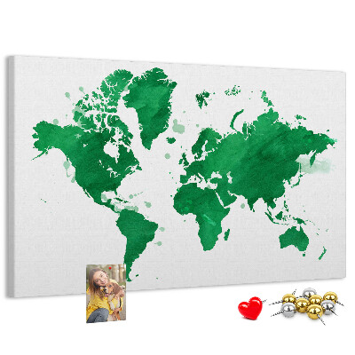 Prikbord met een groene aquarel wereldkaart