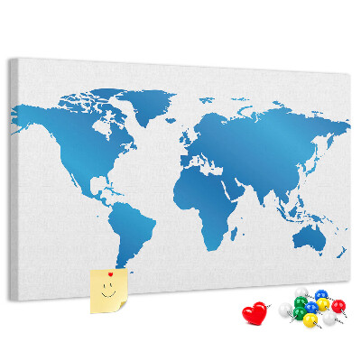 Prikbord met een blauwe wereldkaart op een witte achtergrond