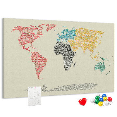 Wereldkaart prikbord met een ontwerp in woorden en kleuren