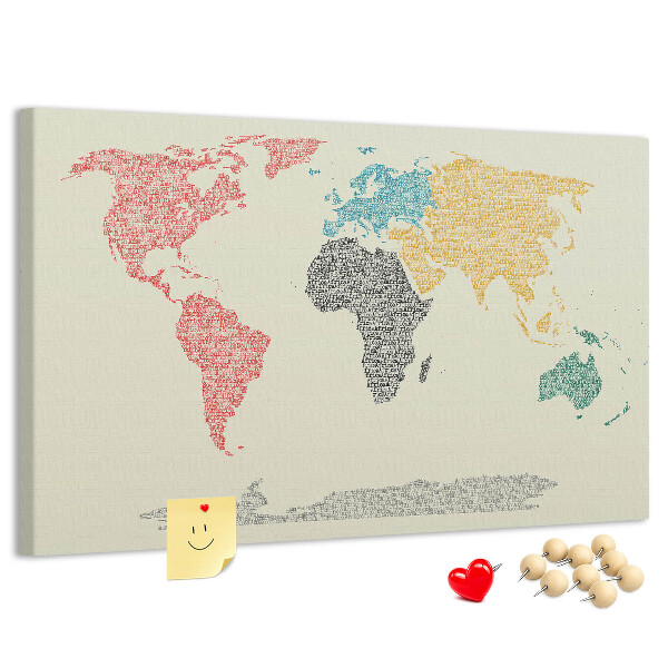 Wereldkaart prikbord met een ontwerp in woorden en kleuren