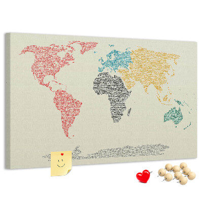 Wereldkaart prikbord met een ontwerp in woorden en kleuren