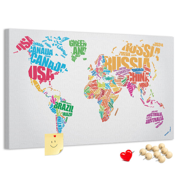 Prikbord wereldkaart kleurrijke wereldkaart met landnamen