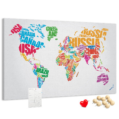 Prikbord wereldkaart kleurrijke wereldkaart met landnamen