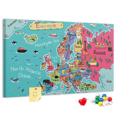 Kurkbord met een kleurrijke kaart van Europa en landnamen