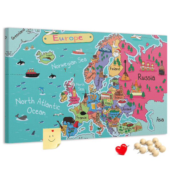 Kurkbord met een kleurrijke kaart van Europa en landnamen