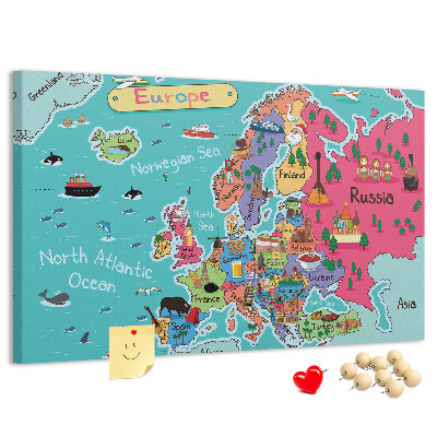 Kurkbord met een kleurrijke kaart van Europa en landnamen