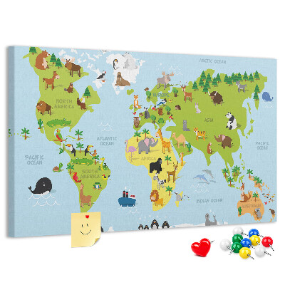 Wereldkaart met dieren en continenten prikbord