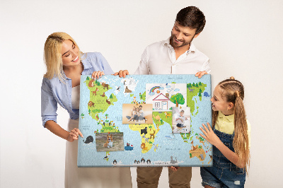Wereldkaart met dieren en continenten prikbord