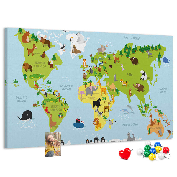 Wereldkaart met dieren en continenten prikbord
