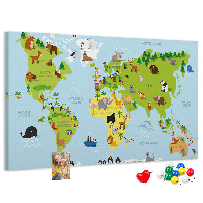 Wereldkaart met dieren en continenten prikbord