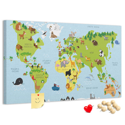 Wereldkaart met dieren en continenten prikbord