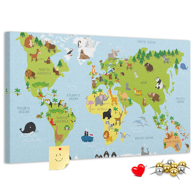 Wereldkaart met dieren en continenten prikbord