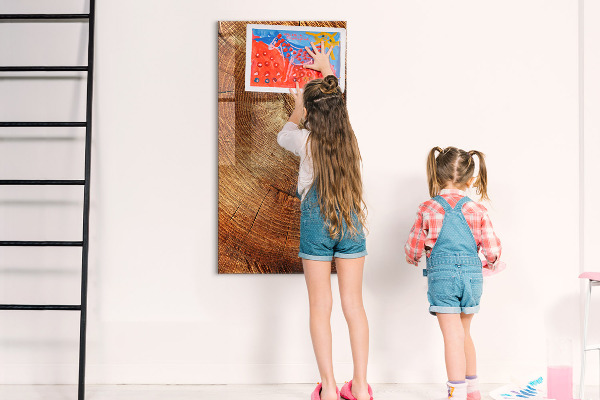 Decoratief glazen wandbord beschrijfbaar en magnetisch Memobord met houten motief