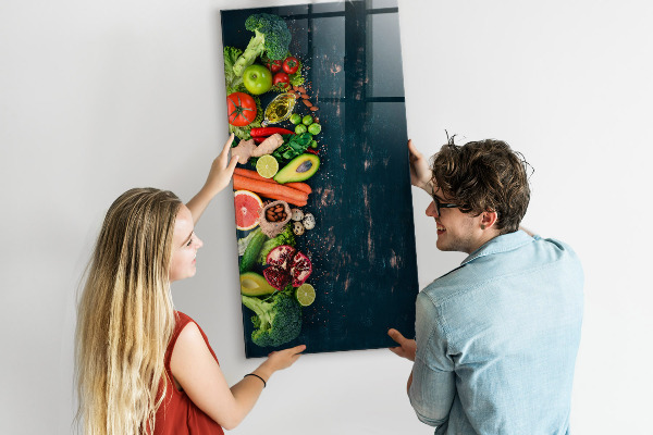 Decoratief glazen wandbord beschrijfbaar en magnetisch Gezonde ingrediënten en herinneringen in de keuken