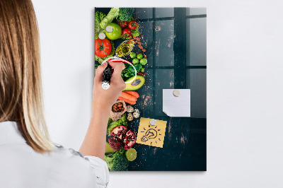 Decoratief glazen wandbord beschrijfbaar en magnetisch Gezonde ingrediënten en herinneringen in de keuken