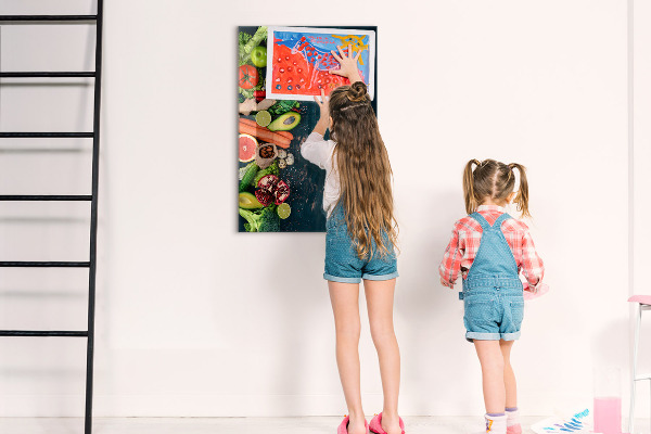 Decoratief glazen wandbord beschrijfbaar en magnetisch Gezonde ingrediënten en herinneringen in de keuken