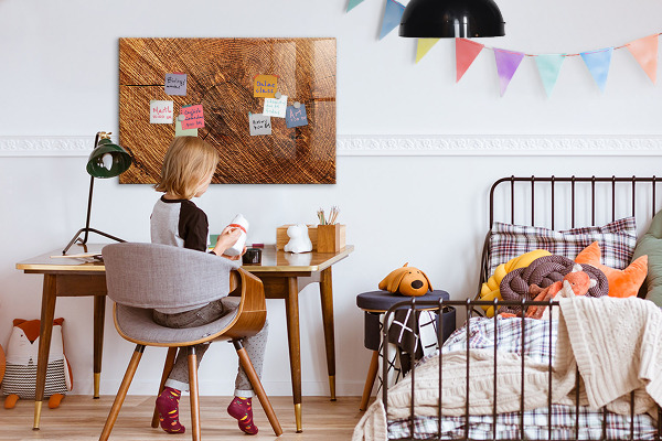 Memobord van glas met print inclusief neodymium magneten Foto-organizer op een houten plank