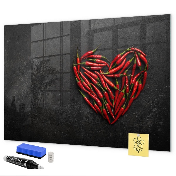 Memobord van glas met print inclusief neodymium magneten Een hart vol paprika's en foto's van herinneringen.