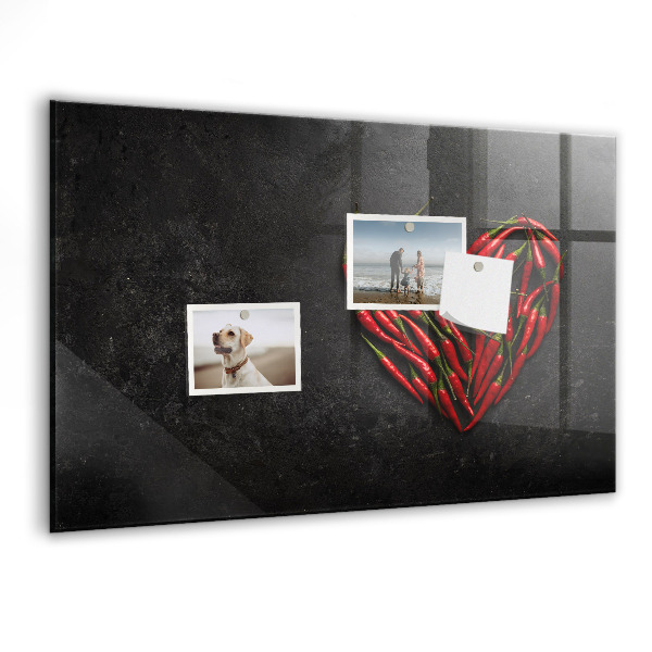 Memobord van glas met print inclusief neodymium magneten Een hart vol paprika's en foto's van herinneringen.