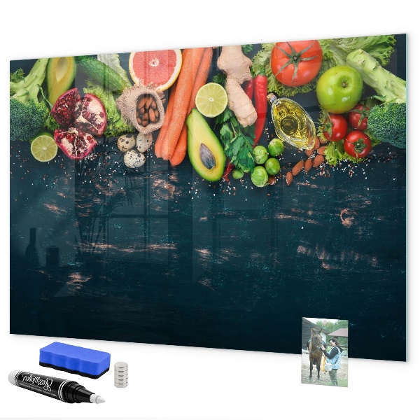 Memobord van glas met print inclusief neodymium magneten Kleurrijke culinaire inspiraties aan de muur