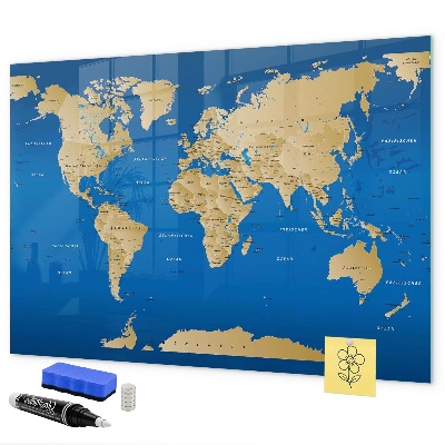 Memobord van glas met print inclusief neodymium magneten Wereldkaart met plaatsen om te markeren