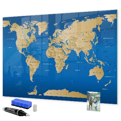 Memobord van glas met print inclusief neodymium magneten Wereldkaart met plaatsen om te markeren