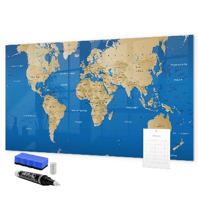 Memobord van glas met print inclusief neodymium magneten Wereldkaart met plaatsen om te markeren