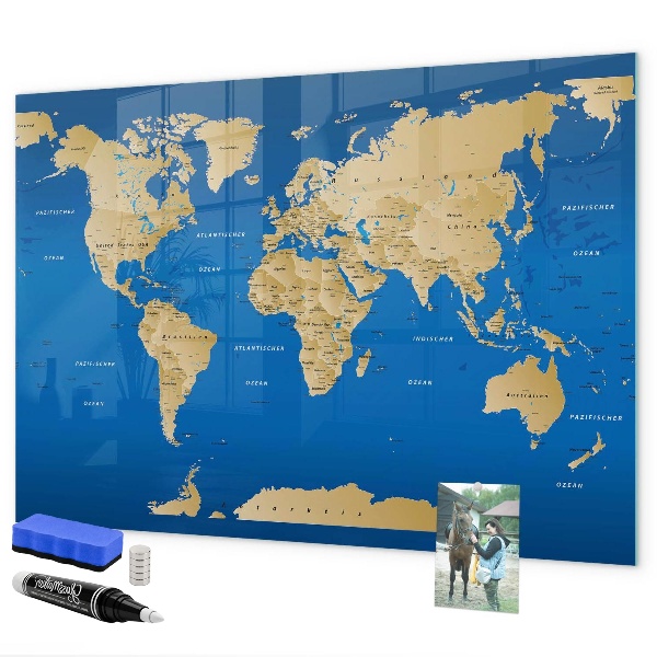 Memobord van glas met print inclusief neodymium magneten Wereldkaart met plaatsen om te markeren