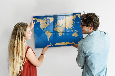Memobord van glas met print inclusief neodymium magneten Wereldkaart met plaatsen om te markeren
