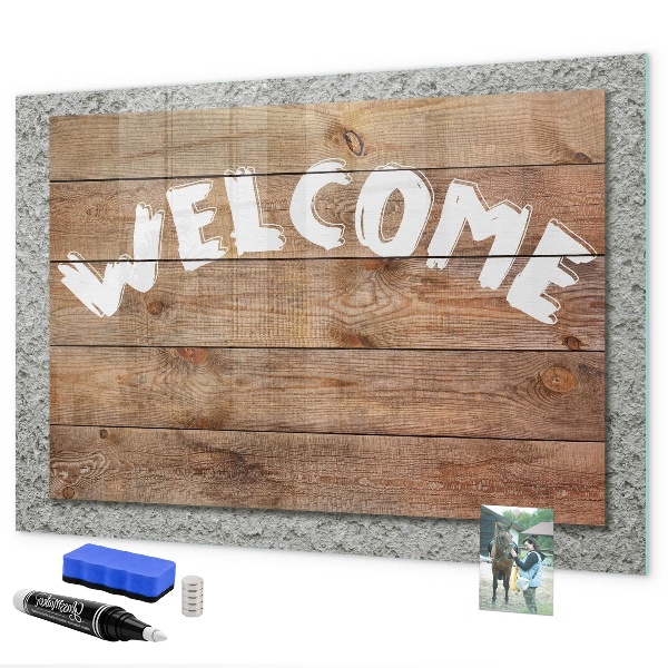 Decoratief glazen wandbord beschrijfbaar en magnetisch Welkomstbord met ruimte voor foto's