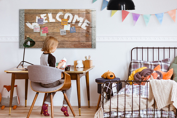 Decoratief glazen wandbord beschrijfbaar en magnetisch Welkomstbord met ruimte voor foto's