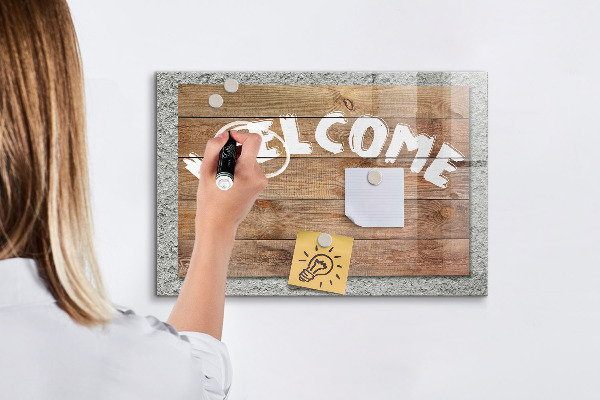 Decoratief glazen wandbord beschrijfbaar en magnetisch Welkomstbord met ruimte voor foto's