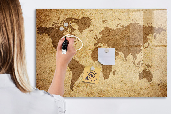 Decoratief glazen wandbord beschrijfbaar en magnetisch Wereldkaart als inspiratiebord