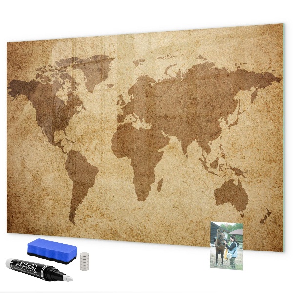 Decoratief glazen wandbord beschrijfbaar en magnetisch Wereldkaart als inspiratiebord