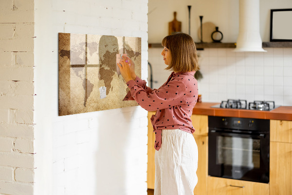 Decoratief glazen wandbord beschrijfbaar en magnetisch Wereldkaart als inspiratiebord