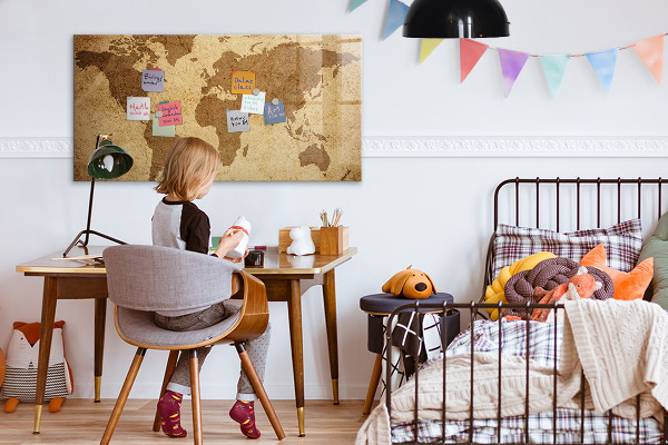 Decoratief glazen wandbord beschrijfbaar en magnetisch Wereldkaart als inspiratiebord