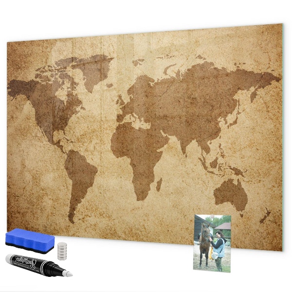 Decoratief glazen wandbord beschrijfbaar en magnetisch Wereldkaart als inspiratiebord
