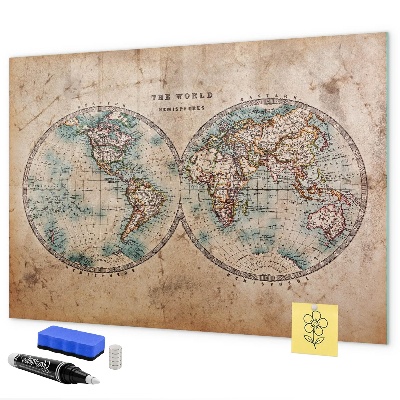 Decoratief glazen wandbord beschrijfbaar en magnetisch Wereldkaart met ruimte voor foto's