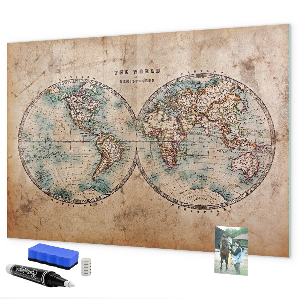 Decoratief glazen wandbord beschrijfbaar en magnetisch Wereldkaart met ruimte voor foto's