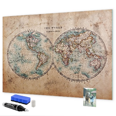 Decoratief glazen wandbord beschrijfbaar en magnetisch Wereldkaart met ruimte voor foto's
