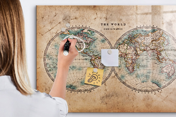 Decoratief glazen wandbord beschrijfbaar en magnetisch Wereldkaart met ruimte voor foto's