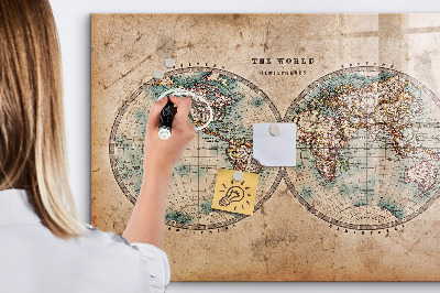 Decoratief glazen wandbord beschrijfbaar en magnetisch Wereldkaart met ruimte voor foto's