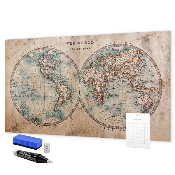 Decoratief glazen wandbord beschrijfbaar en magnetisch Wereldkaart met ruimte voor foto's