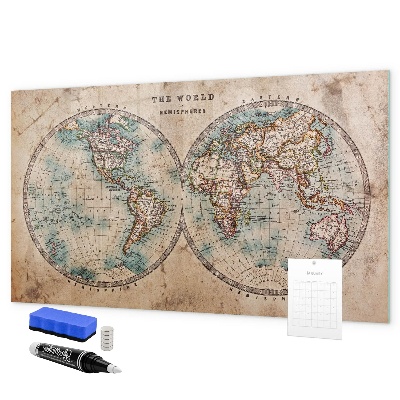 Decoratief glazen wandbord beschrijfbaar en magnetisch Wereldkaart met ruimte voor foto's